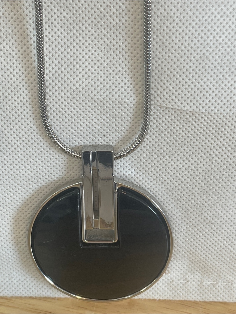 Chicos statement necklace large black enamel medallion silver tone rope chain 19